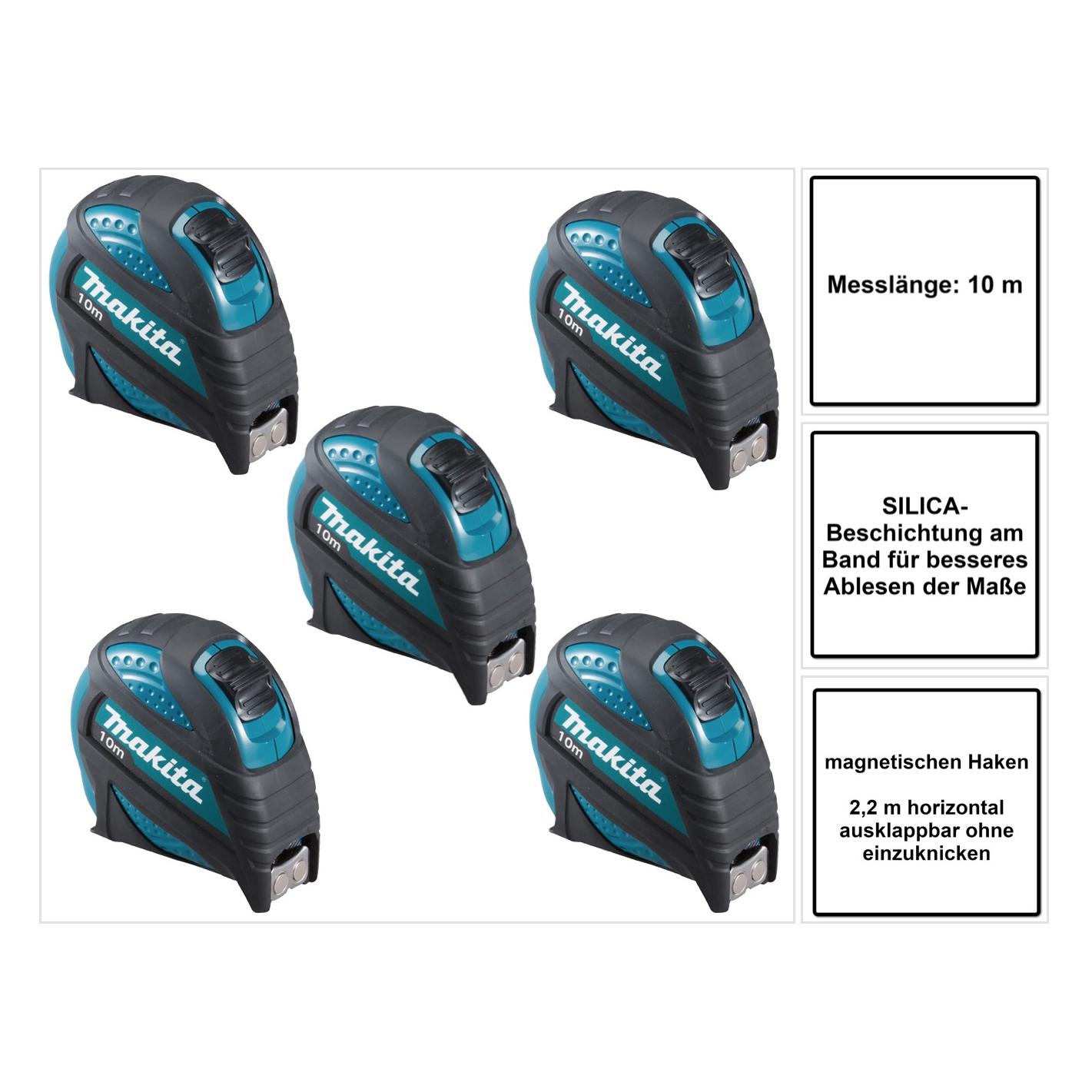 Makita 5x B-57168 Massband 10 m Rollbandmass mit magnetischen Haken (10 m) (B-57168)