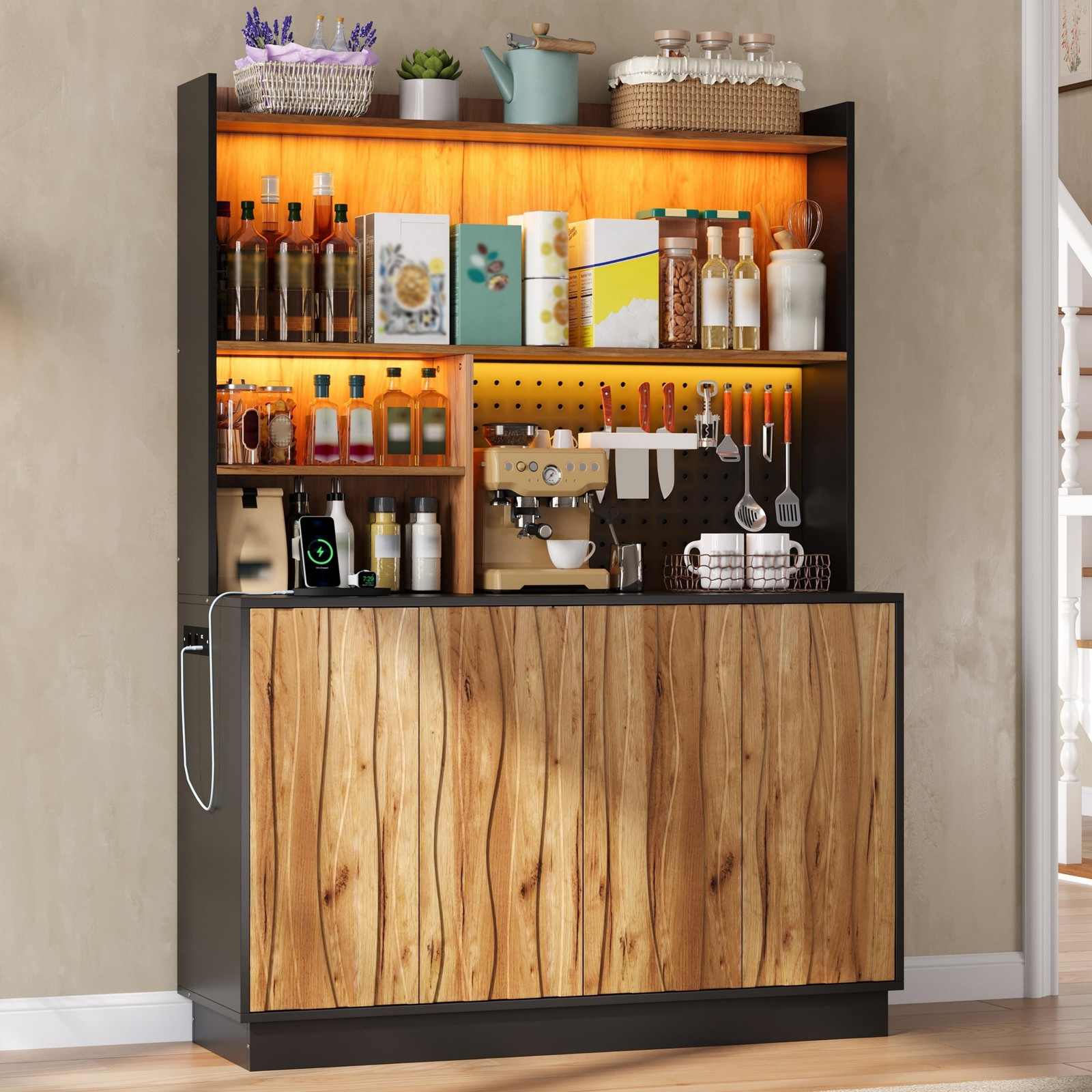 Okwish keukenkast met gatenwand, LED-verlichting en stopcontacten in natuurlijke stijl