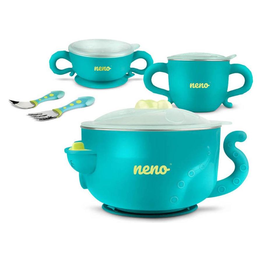 Neno POLPO Set Thermal-Kindergeschirr, Babynahrungsbehälter, Babylöffel, Babygabel, 200ml Flasche (763011)