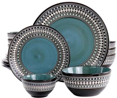 Elama Stoneware Dinnerware 16 Piece Set in Teal Geometric Edge