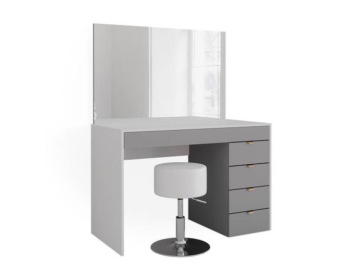 Vicco Schminktisch Elise, Weiß/Grau, 115 cm mit Spiegel und Hocker, Weiß, Grau, 6 Fächer, Rechteckig,Rechteckig, 115x146.2x55 cm, Schlafzimmer, Schminktische