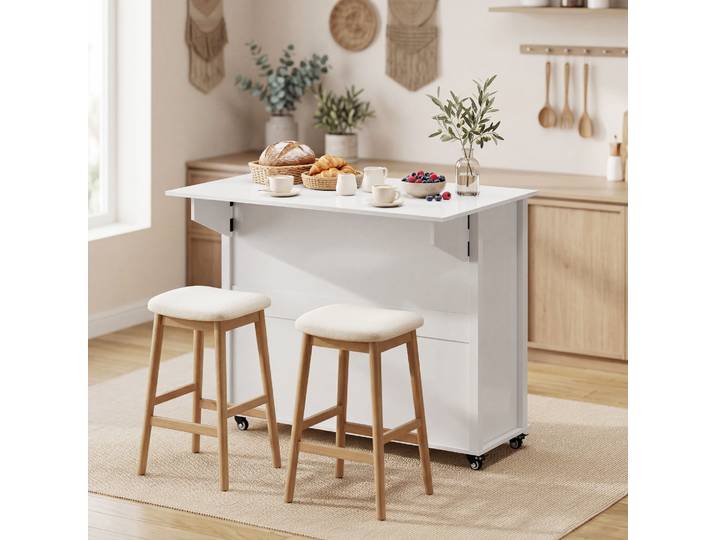 HOMCOM Îlot Cuisine Roulettes Plateau Rabattable 2 Tiroirs Blanc
