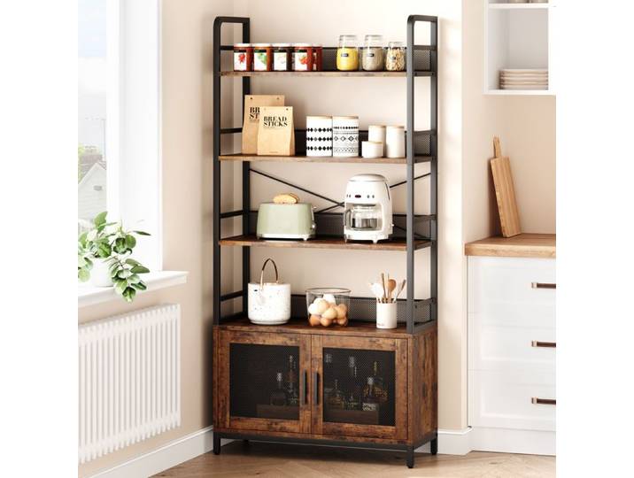 JOLLYTOP Étagère industrielle 4 niveaux avec portes grillagées bibliothèque ouverte style rustique meuble rangement métal et bois