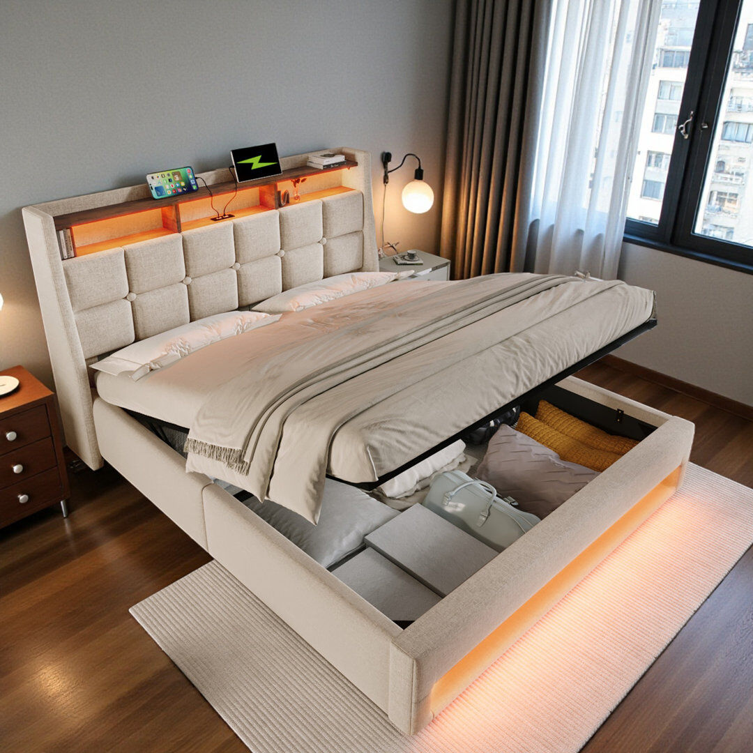 Canora Grey Upholstered Ottoman Storage Bed Beige Super King (185 x210 cm)