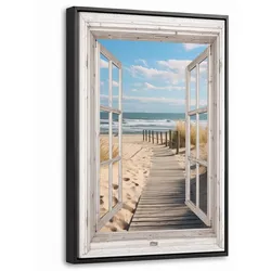 LEINWAND Bilder mit Rahmen - Fenster - Meer - Küste - Natur - Ausblick - Strand - Wattenmeer - 40x60