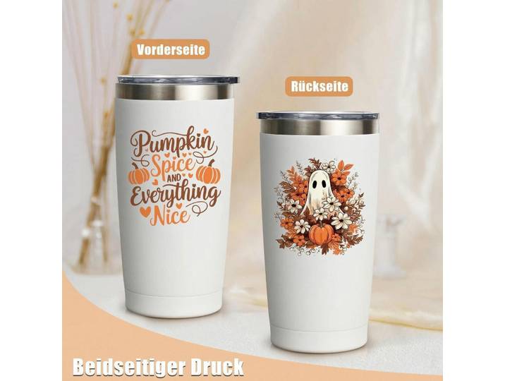 Thermo-Kaffeebecher 600ml Edelstahl Halloween Kürbis Geist, Weiß, Metall, Geschirr, Tassen, Teetassen