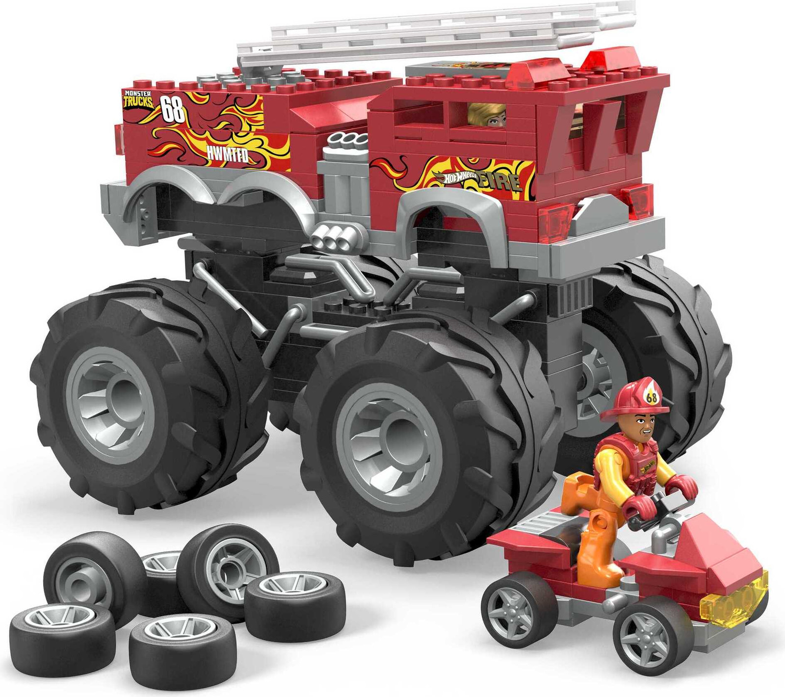 Mega Hot Wheels brandweerauto monster truck met 2 figuurtjes