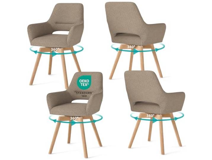 WAFTING 360° Esszimmerstühle Drehbar 4er Set mit Armlehnen, Buchenbeinen Polsterstühle, Drehstuhl Esszimmer, Küchenstuhl Drehbar, für Wohnzimmer, Schlafzimmer, Arbeitszimmer, Empfangszimmer, Braun