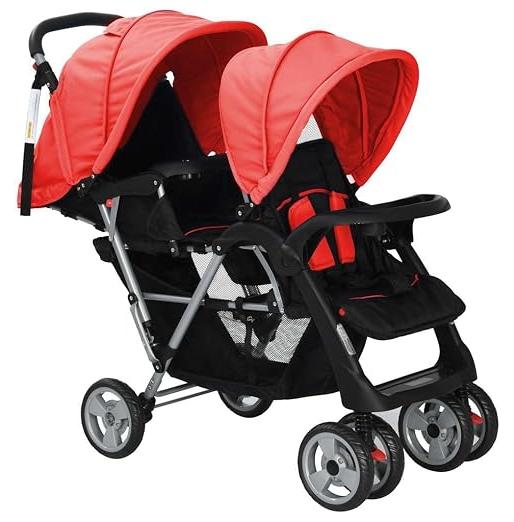 Tandem-Kinderwagen für Geschwister, Geschwisterwagen mit Stahlrahmen, 2 faltbare Verdecke, Klappbarer Zwillingskinderwagen, Rot und Schwarz