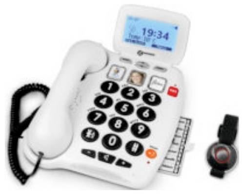 Geemarc SEREN100_WH_VDE Schnurgebundenes Seniorentelefon Foto-Tasten, für Hörgeräte kompatibel, inkl. Notrufsender, Optische