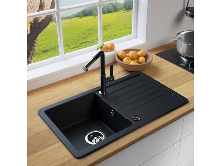 MIT ARMATUR LINDBERGH® Granit Spüle + kompl. Siphon und Imprägnierung mit Abtropffläche, Einbauspüle Küchenspüle Spülbecken - Verbundstoffe MADE IN GERMANY (VEL44 + Armatur 1-Deco)
