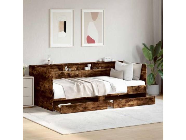 RJPLMFV Tagesbett aus Holz mit Schublade, Raucheiche Modernes rustikales Design, umwandelbar in ein Sofa, integrierte Aufbewahrung, ideal für kleine Wohnungen