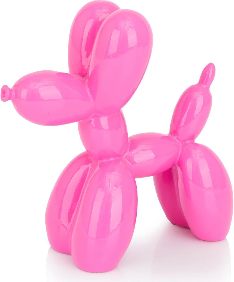 Roze ballon hond beeldje - Kleine sculptuur voor bureau decoratie - Hoogte: 10.5 cm