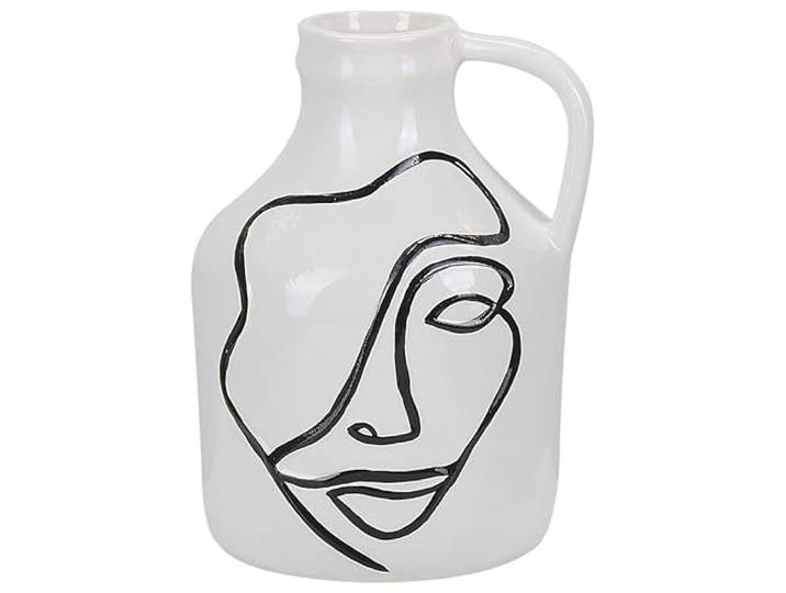 Blumenvase Steinzeug weiß mit aufgedrucktem Gesicht schwarz Dekoration Agrinion