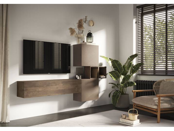 Wohnwand HOME AFFAIRE Infinity, 4tlg. Breite 222 cm, Höhe variabel, Wohnwand , braun (bronzo, mercure nb holzstruktur), B:222cm H:175cm T:30cm, Kastenmöbel-Sets, Wohnwand, (Lowboard hängend, Würfelregal 2er Set, 2x Hängewürfel)