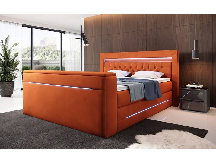 Boxspringbett Pluto mit TV Lift, RGB und Stauraum - 180x200 - Terrakotta - H4 (100kg+) - Luxusbetten24