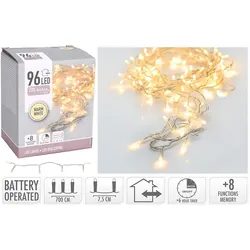 EDM MULTIFUNKTIONS-BATTERIEBETRIEBENE GIRLANDE 96 LEDS TRANSPARENTES KABEL WARMWEISSES LICHT 7,5 M