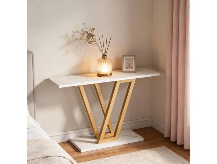 Table console étroite 110 x 30 x 80 cm en MDF et métal finition dorée et blanche