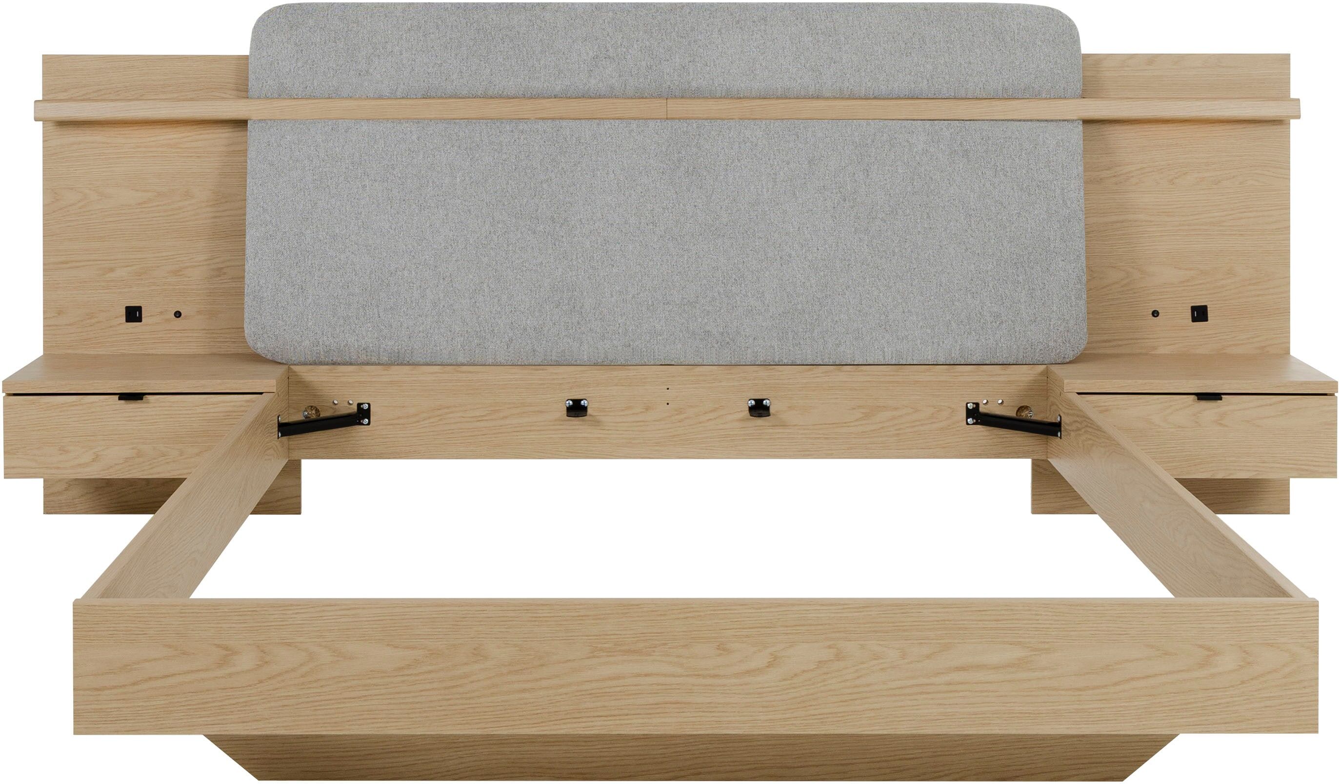Einzelbett GAMI "IZADI", braun (eiche rookwood nachbildung, eiche rookwood nachbildung, eiche rookwood nachbildung), B:251cm H:113cm L:224cm, Betten, Bett mit Stoff-Kopfteil und 2 Nachttischen