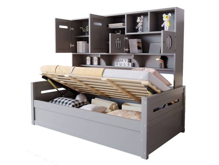 Canapé-Lit Bois 90x200cm Rangements Multifonctionnels Cadre Hydraulique Gris Sans Matelas Idéal Jeune