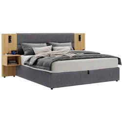 OKWISH Polsterbett 200x160 cm mit hydraulischem Stauraum, LED Beleuchtung, USB Ladefunktion, stabilem Lattenrost und 2 Nachttischen, Bezug Natur+Grau