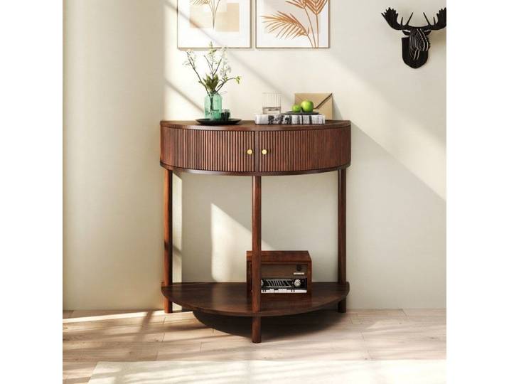 Modenuit Table console demi-lune 80x40x82 cm 2 tiroirs et étagère basse MDF brun noyer