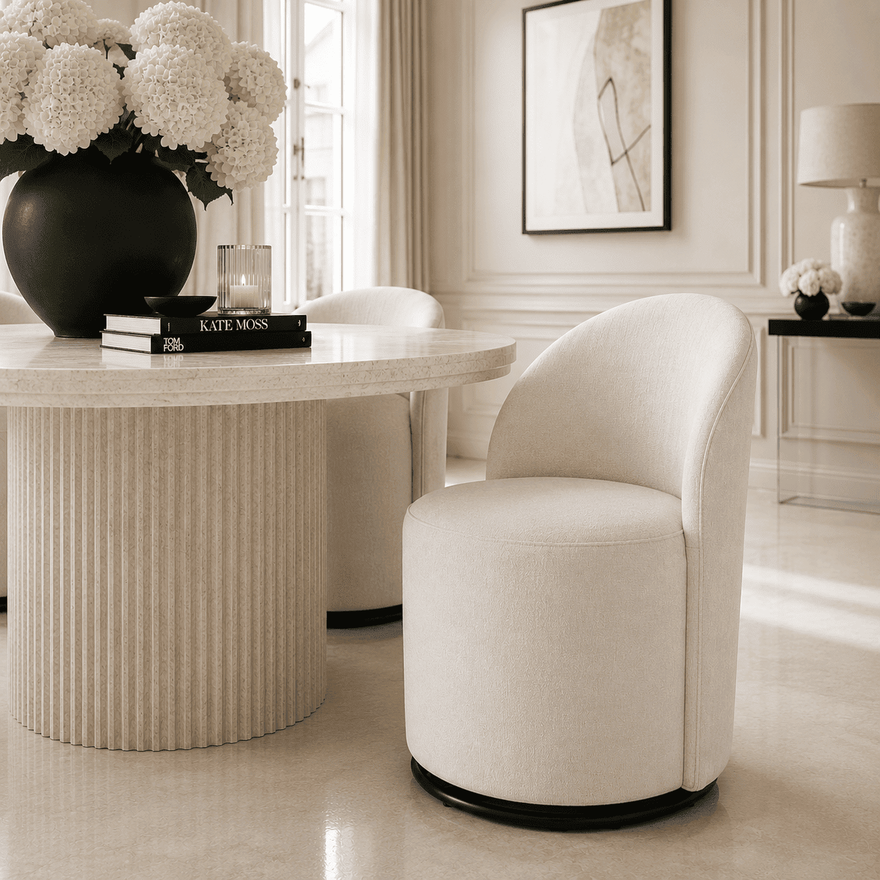 Burwell Cream Swivel Dining Chair with Black Base
