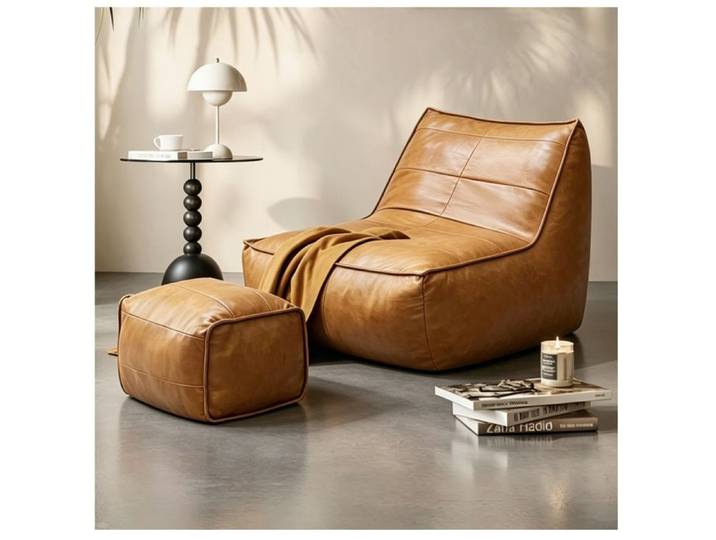 Fauteuil pouf ergonomique marron avec ottoman - Tech cloth - Intérieur
