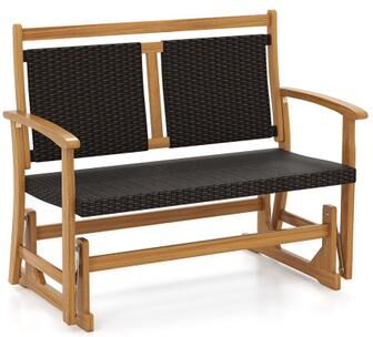 Costway Patio Rattan Glider Bench for 2 with Acacia Wood Frame and Wicker Seat Back