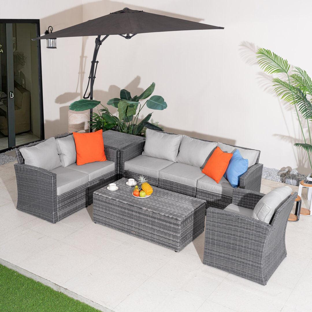 17 Stories Grey Pe Rattan Modular Garden Sofa Set With Waterproof Storage, Powder-coated Iron Frame Black 6