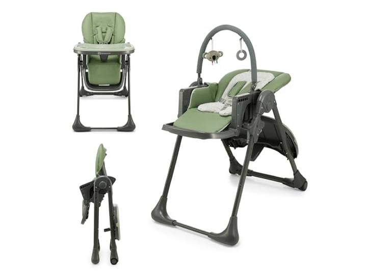 Kinderkraft TUMMIE Hochstuhl 2 in 1, Kinderhochstuhl, Babystuhl, Kombihochstuhl, ab den Ersten Lebensmonaten, Fußstütze, Halbliegende Position, Bezug aus PU, mit Spielzeugen, Grün