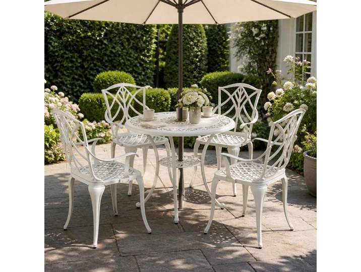 Ensemble bistro - PAGE LIVING - PAGE Living - 1 table + 4 chaises - Aluminium - Trou parasol 5 cm et étagère