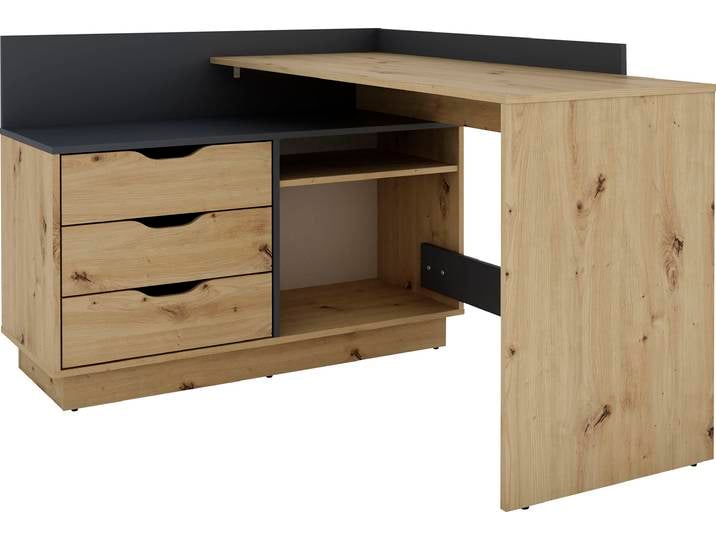 Eckschreibtisch GOODPRODUCT Bexley , schwarz (artisan eiche, anthrazit, eichefarben, eichefarben), B:129cm H:83,5cm T:105cm, Tische, Eckschreibtisch, mit viel Stauraum, Breite 129 cm, rechts oder links montierbar