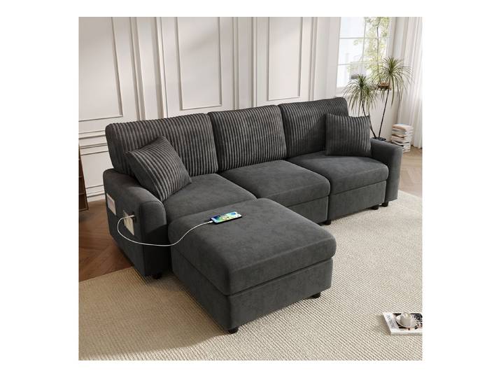 REDOM Sofa mit Fußhocker, mit Stauraum, 2 quadratischen Kissen, 1 USB-Anschluss und 1 Type-C-Anschluss 1 Teile