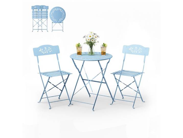 Ensemble de Bistrot en 3 pièces - VINGLI - Bleu Clair - Table & Chaise de Jardin Exterieur - Économes d'Espace