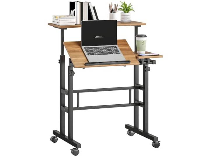HOMCOM Bureau Assis Debout Bureau Réglable en Hauteur 70x60cm Marron Noir Table Ordinateur à Roulettes\, Plateau Inclinable\, Poste de Travail pour Chambre\, Petits Espaces