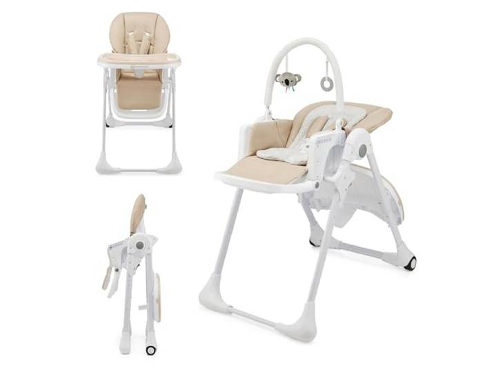 Kinderkraft TUMMIE Hochstuhl 2 in 1, Kinderhochstuhl, Babystuhl, Kombihochstuhl, ab den Ersten Lebensmonaten, Fußstütze, Halbliegende Position, Bezug aus PU, mit Spielzeugen, Beige