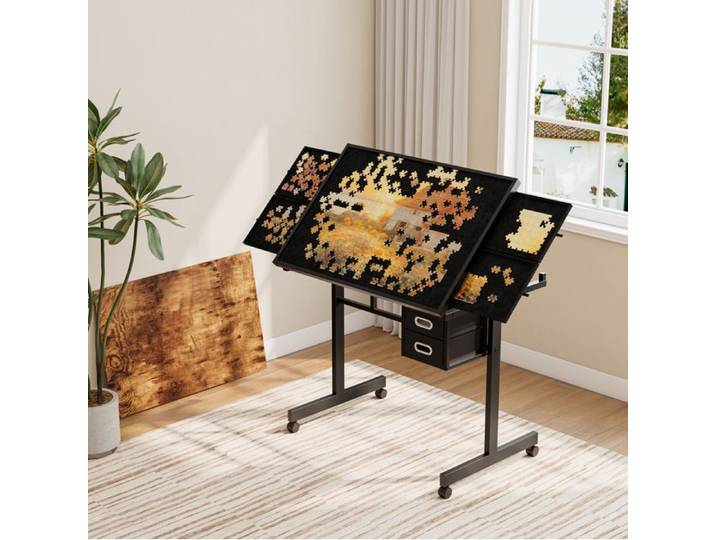 Table de puzzle – 1000 pièces – plateau inclinable – sur roulettes – 2 tiroirs – noir