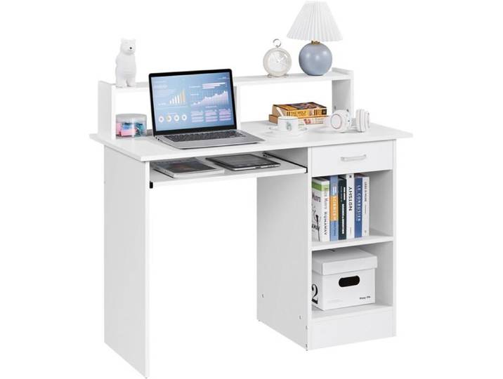 Bureau informatique blanc - LEVYS - Dimensions 106x50x94 cm - Plateau coulissant pour clavier - 1 tiroir de rangement