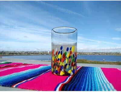 Dos Sueños Dos Suenos Hand Blown Mexican Drinking Glasses - Set of 6 Confetti Carmen Design Glasses (14 oz each)
