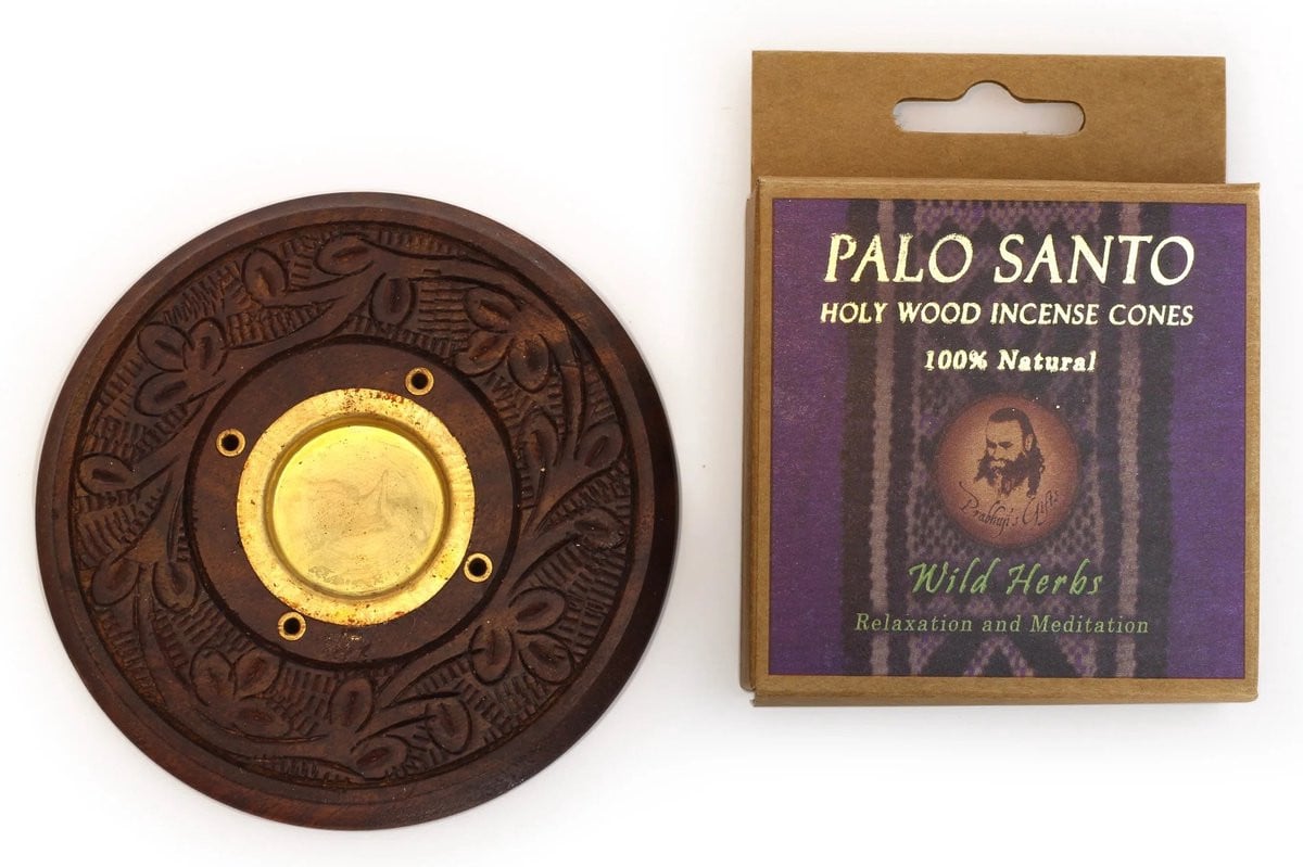 Set van 6 Palo Santo wierookkegels Wild Herbs met brander van Prabhuji's Gifts