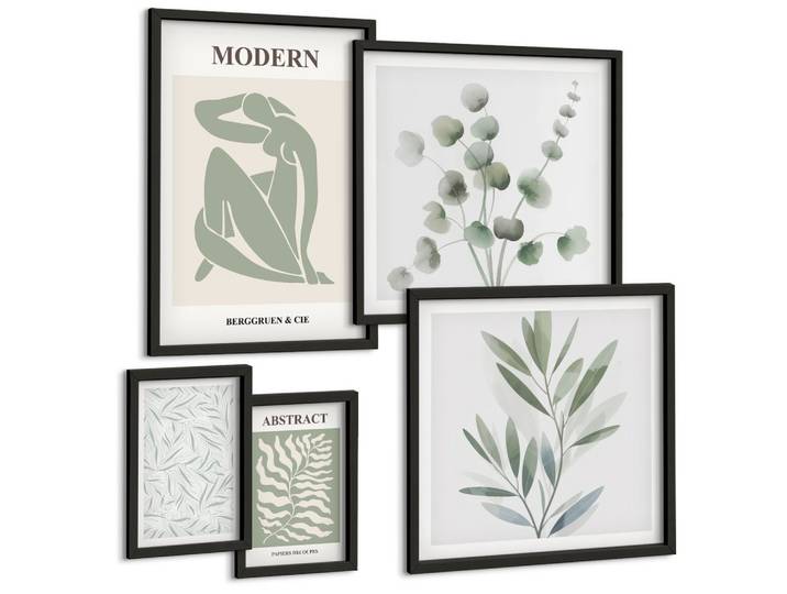 BILDER SET 5er Set - 50x50 cm & 20x30 cm & 40x60 cm Schwarzer Rahmen - Matisse entwirft Boho-Pflanzen