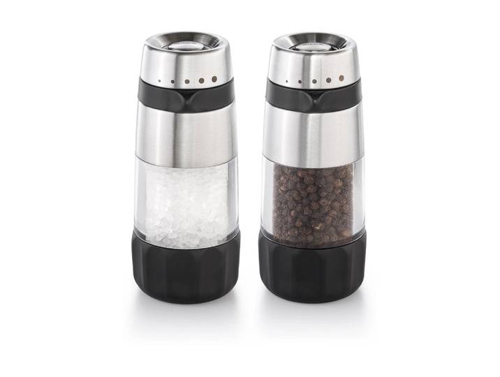 Salz-/Pfeffermühle OXO GOOD GRIPS OXO Accent Mess- Salz und Pfeffermühlen Set , silberfarben, schwarz, H:19,9cm Ø:15,8cm, Küchenmühlen, Salz-/Pfeffermühle, kombiniert stilvolles Design mit müheloser Funktionalität