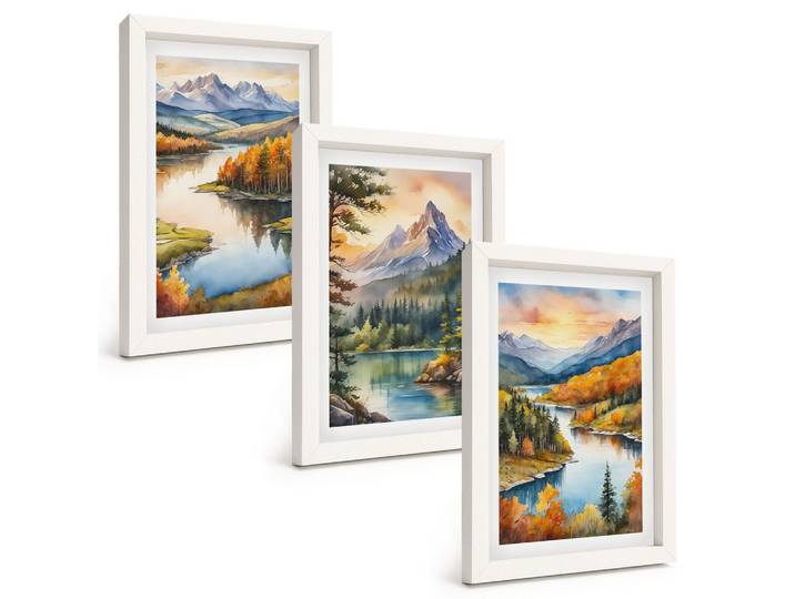 BILDER SET 3er Set - 20x30 cm Weißer Rahmen - Berglandschaften mit einem Fluss