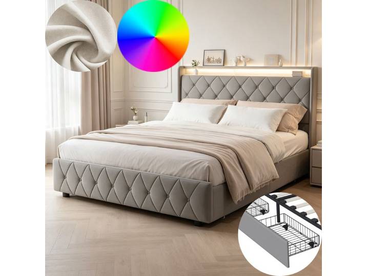 Lit 160x200 cm DRELYGWEA LED sommier à lattes cadre de lit adulte 160x200 lit double 160x200 tissu en velours gris