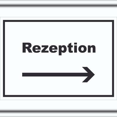 HB-Druck Rezeption Schild mit Text und Richtungspfeil rechts Anmeldung Eingang waagerecht A5 (148x210mm)