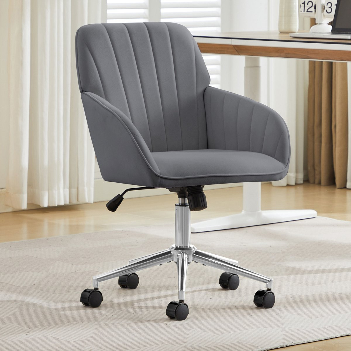 Wishdor Verstelbare Bureaustoel - Grijs Velvet - Ergonomische bureaustoel met armleuningen en wielen - B/D/H: 60 x 60 x 97 cm