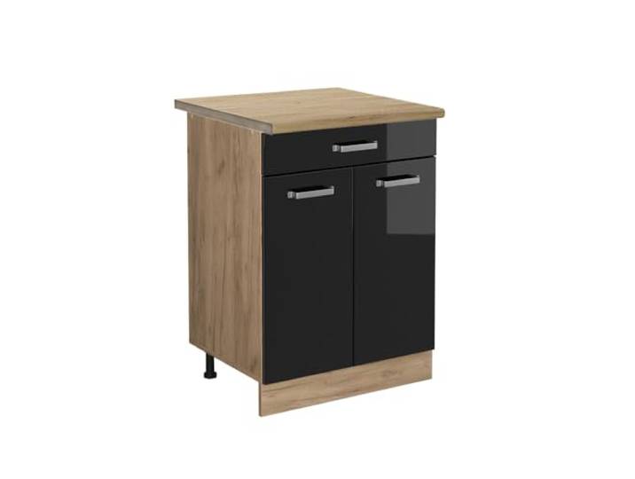 Vicco Küchenunterschrank R-Line, Schwarz Hochglanz, 60 cm 1 Schublade · Arbeitsplatte Eiche · Höhenverst. Füße · Metallgriffe · Leichter Zugriff
