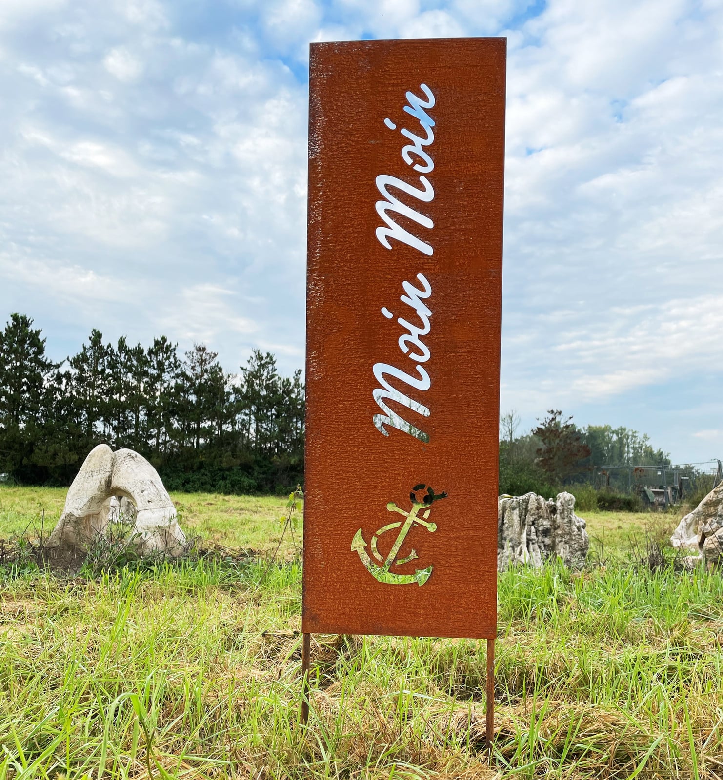 Steinfigurenwelt Gießen Edelrost Tuinschild Moin Moin, H 115 cm x B 27 cm