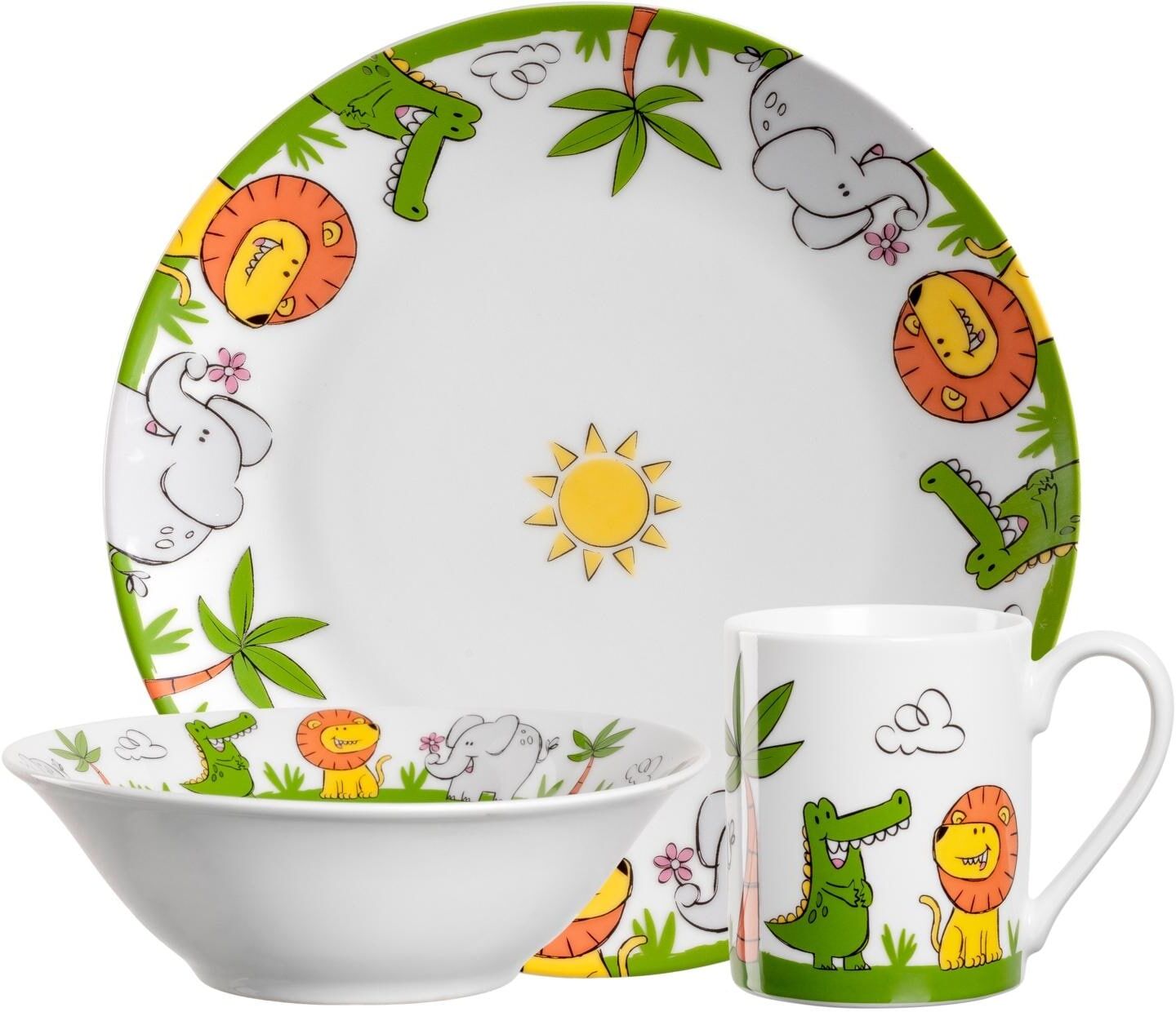 Kindergeschirr-Set LEONARDO "Bambini Löwe/Krokodil/Elefant, 3-teilig", Kinder, weiss (weiß), Porzellan, Geschirr-Sets Kindergeschirr-Set weiß Einheitsgröße